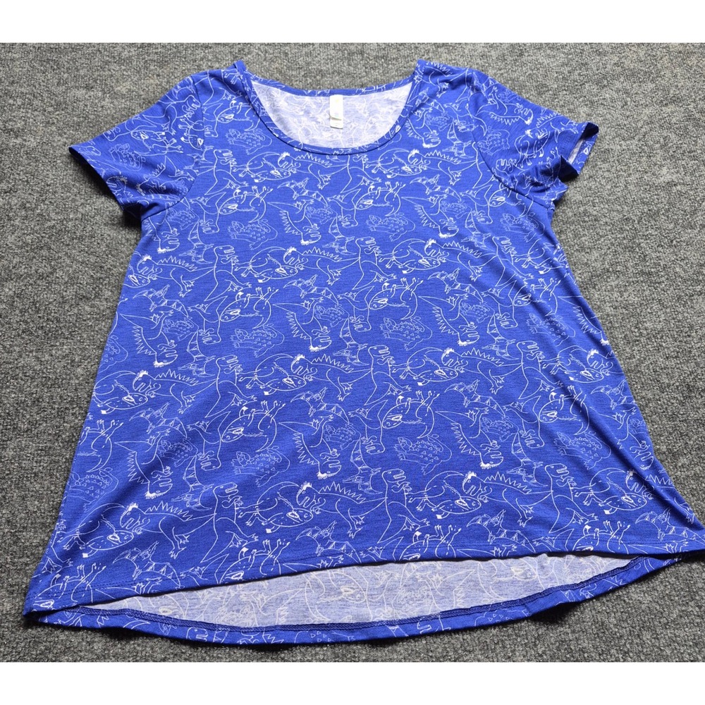 LuLaRoe Perfect T Top Womens XL Royal Blue Dinosaur Skeleton Print High Low Hem